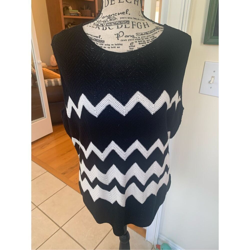 Nine & Co Knit Top Womens XL Black White Zig Zag Cotton Ramie